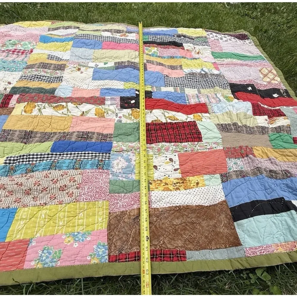 Antique Vintage 1930’s CRAZY QUILT Multi-Color Feed Sack Olive Green Back